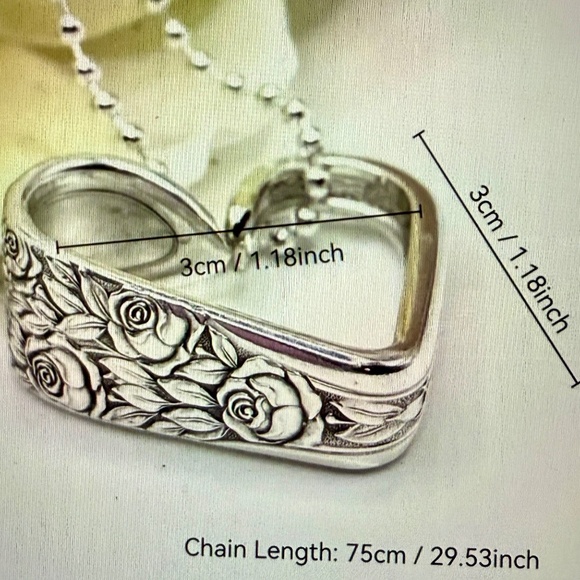 NEW Floral Vintage Spoon Heart Necklace, Bent Spoon Heart Pendant - Picture 7 of 8